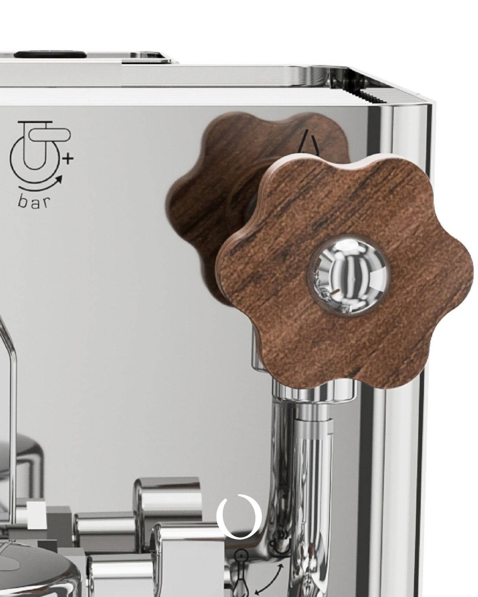 Lelit Bianca V3 espresso machine with stainless steel body, wooden flow control knob, and G+ bar logo, showcasing premium craftsmanship and professional-grade features