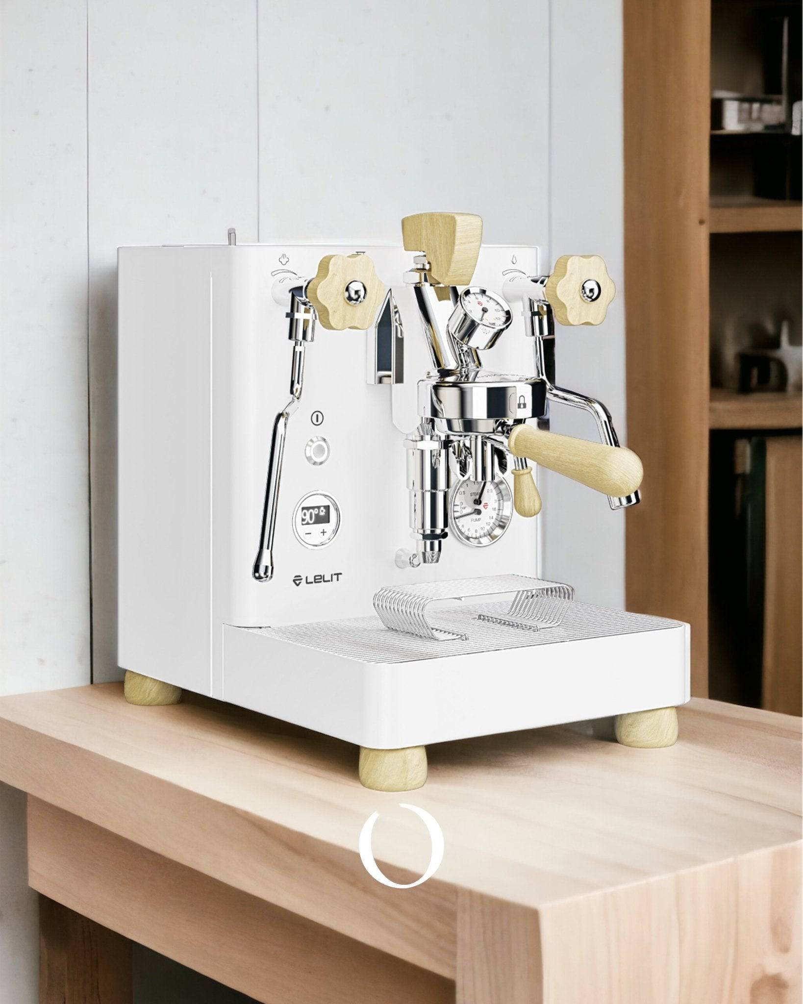 Lelit Bianca V3 espresso machine in white with wooden accents, featuring dual boilers and flow control, displayed on a wooden countertop in a modern kitchen setting