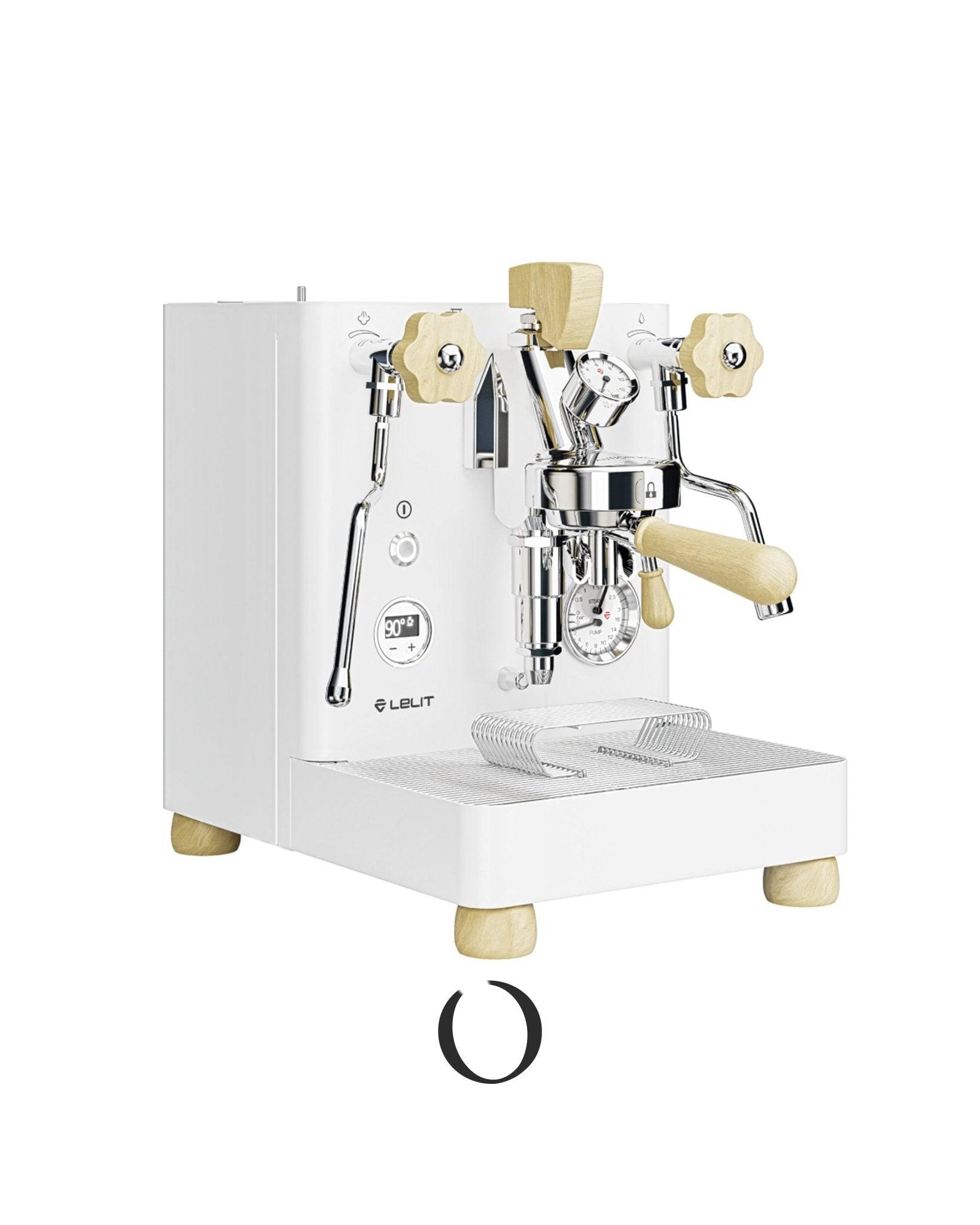 Lelit Bianca V3 white special edition espresso machine with chrome accents and wooden details, featuring dual boiler system, PID control, and flow profiling capability