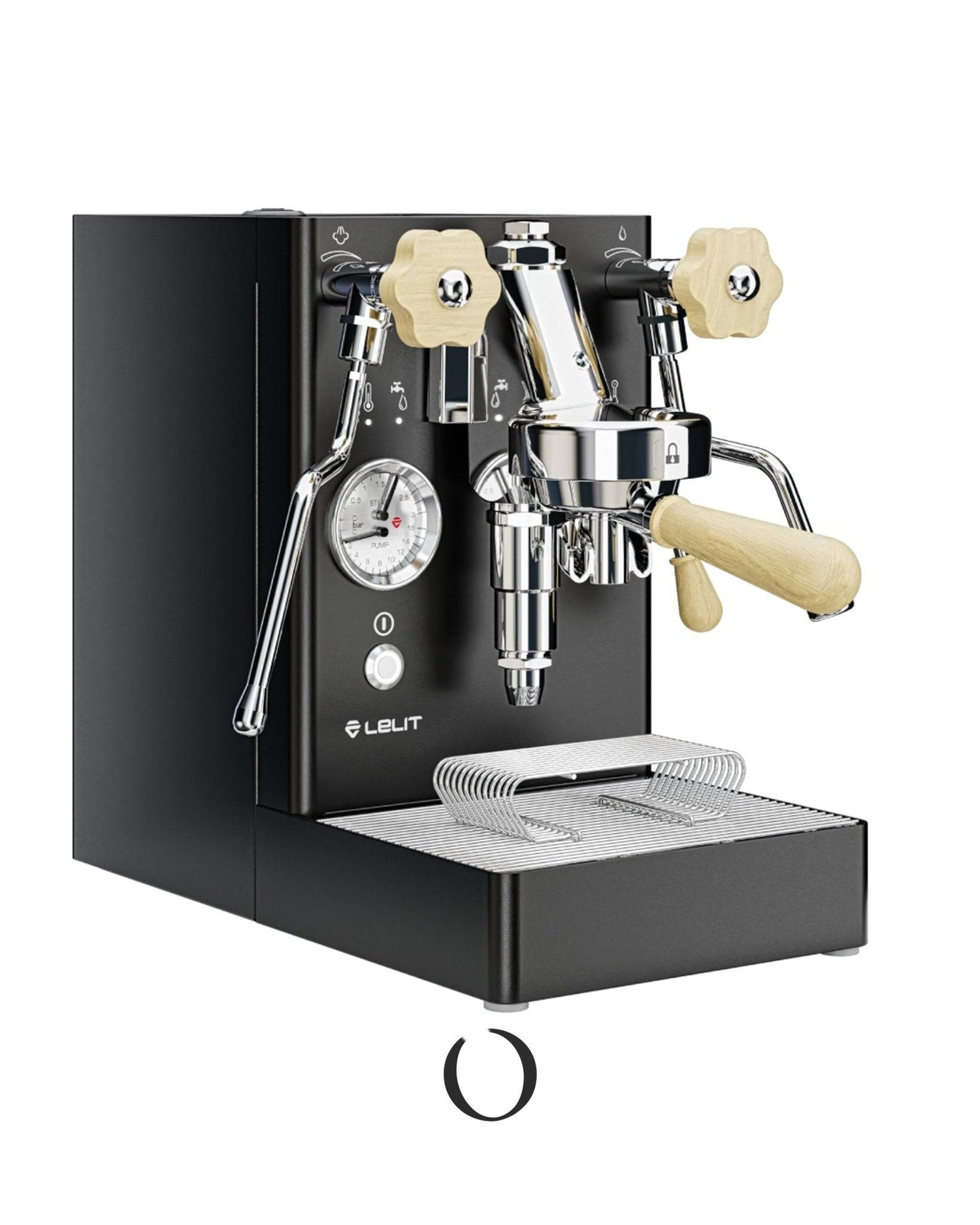 Lelit MaraX V2 PL62X espresso machine in black, featuring stainless steel body, wooden knobs, pressure gauge, steam wand, and drip tray. Professional-grade home coffee maker with elegant design and advanced brewing technology.