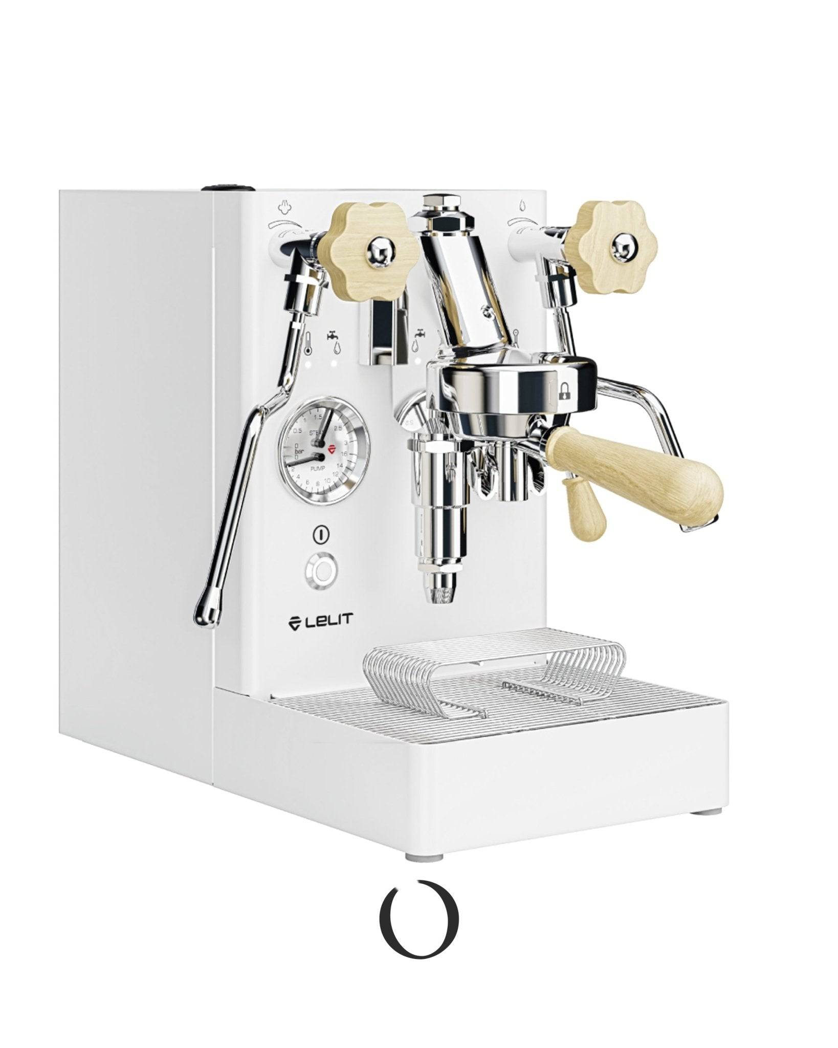 Lelit MaraX V2 PL62X white special edition espresso machine with sleek design, dual boiler system, and temperature control features. Stainless steel body with cream-colored knobs and lever, pressure gauge, and drip tray visible.