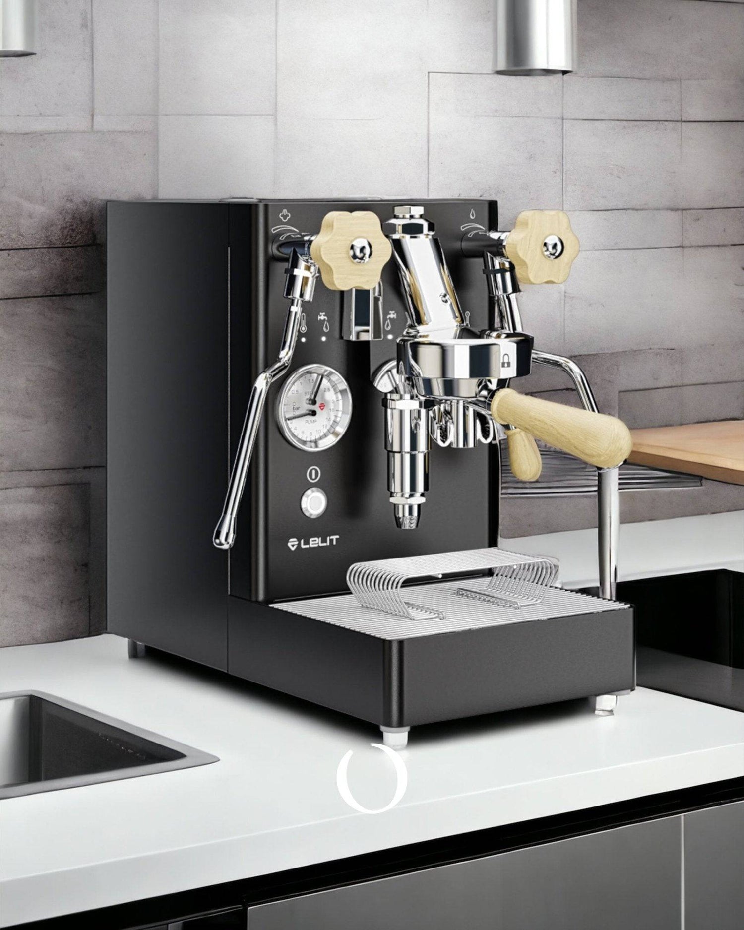 Lelit MaraX V2 PL62X black edition espresso machine on kitchen counter, featuring sleek design with pressure gauge, steam wand, and wooden accents against modern tile background