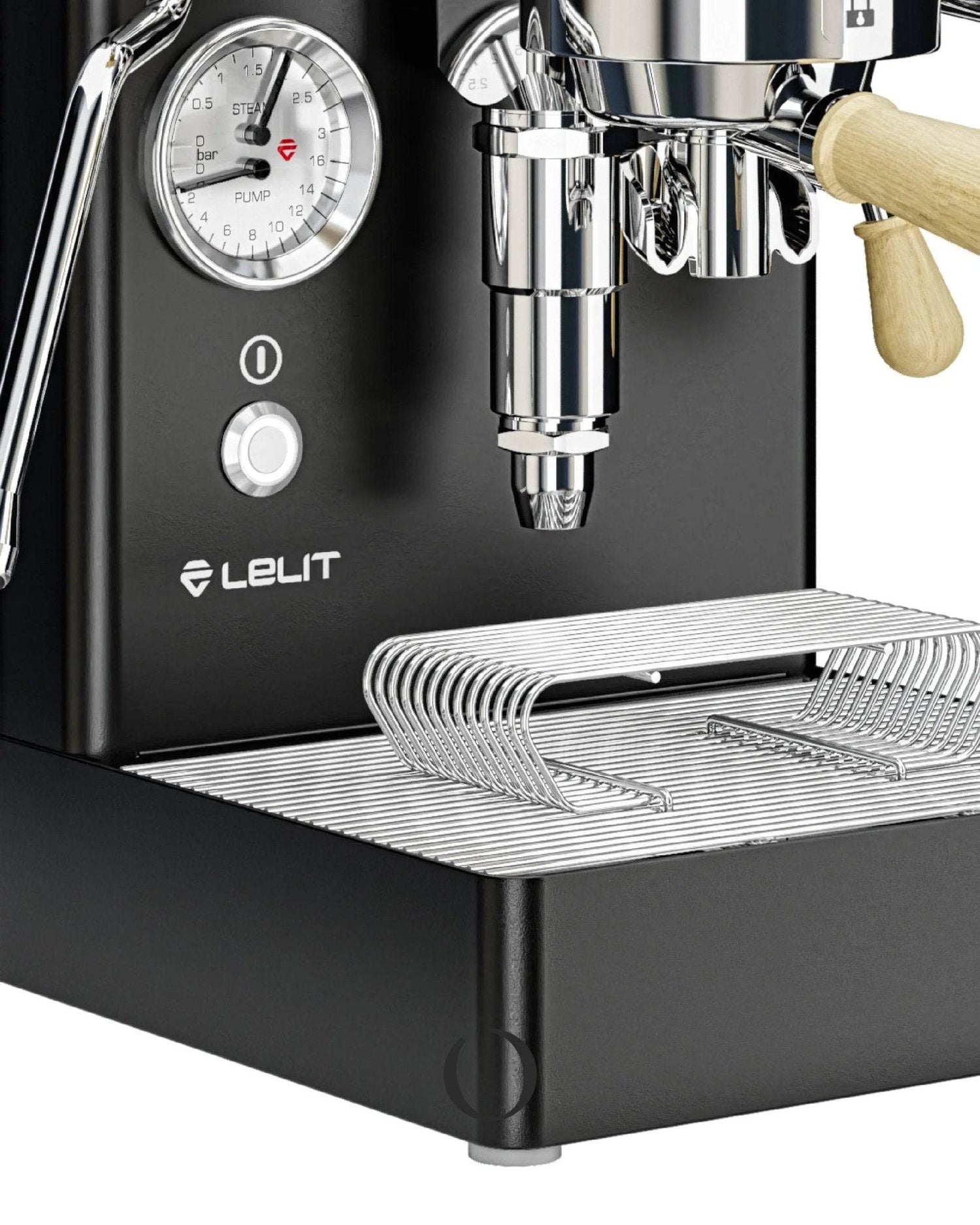 Close-up of Lelit MaraX V2 espresso machine in black, showing pressure gauge, power button, portafilter, and stainless steel drip tray. Wooden accents visible on group head handle.