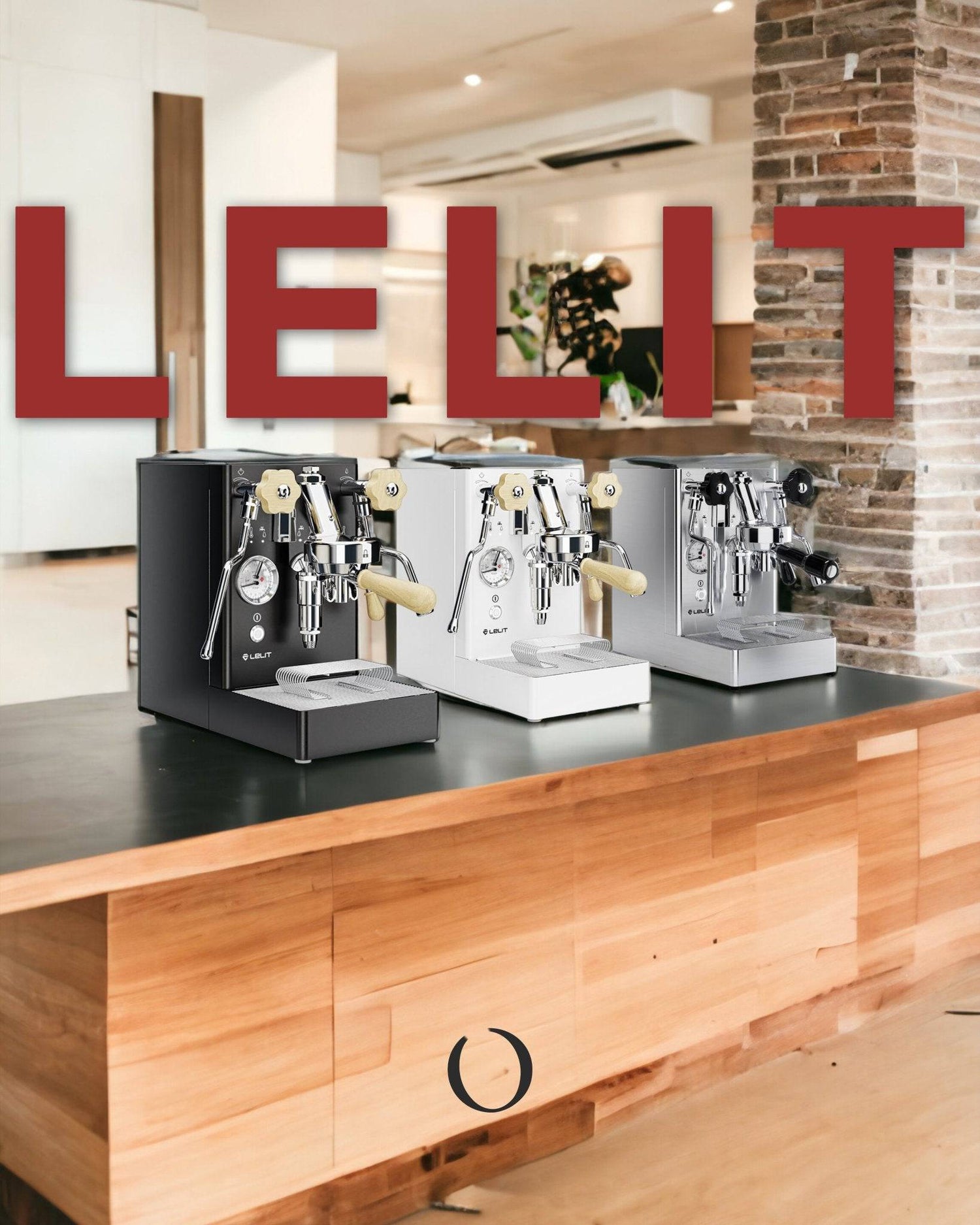 Three Lelit espresso machines in black, white, and silver displayed on a wooden counter with "LELIT" text in large red letters above
