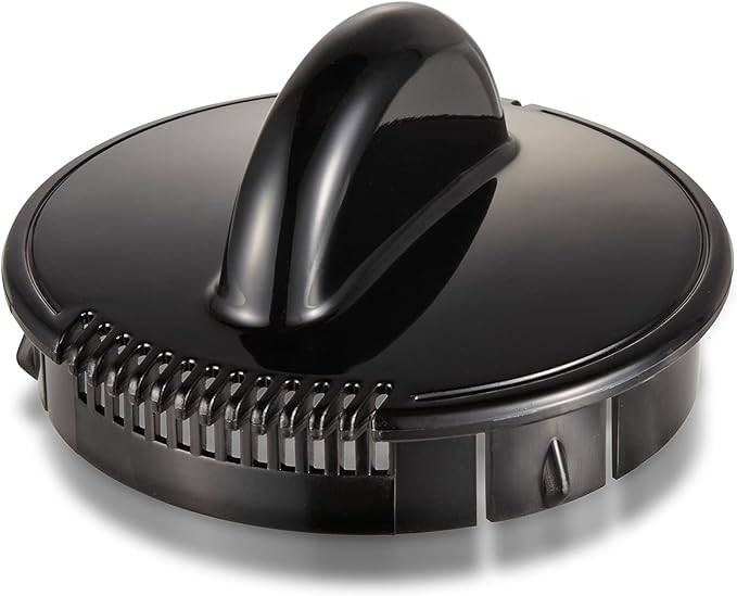 Black circular lid with curved handle and spiral edge, likely for Melitta MJ500S glass coffee pot, featuring durable design for microwave and dishwasher use