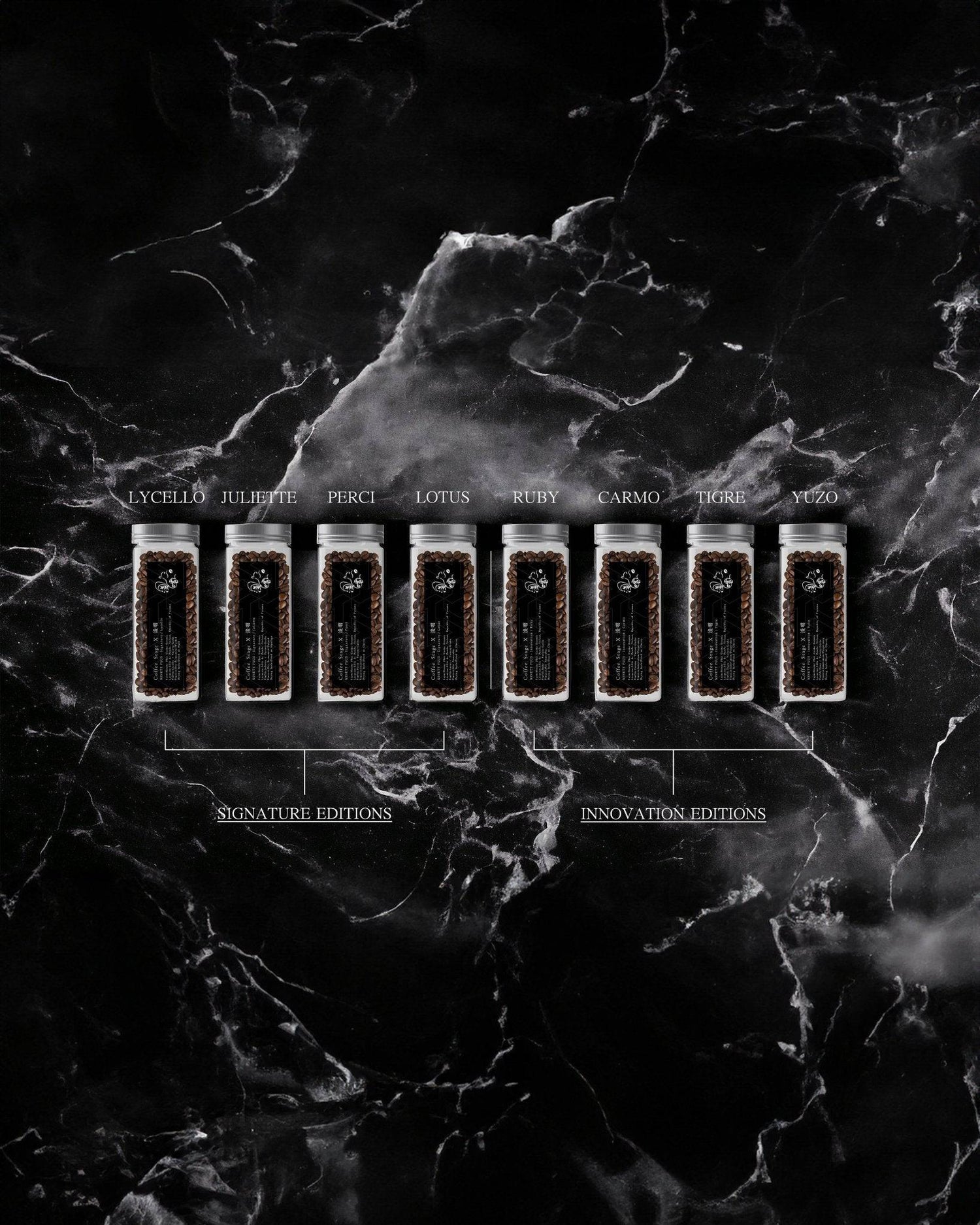 Eight small glass bottles of Ninety Plus Coffee varieties arranged in a row on a dark marble background, labeled with different coffee names.