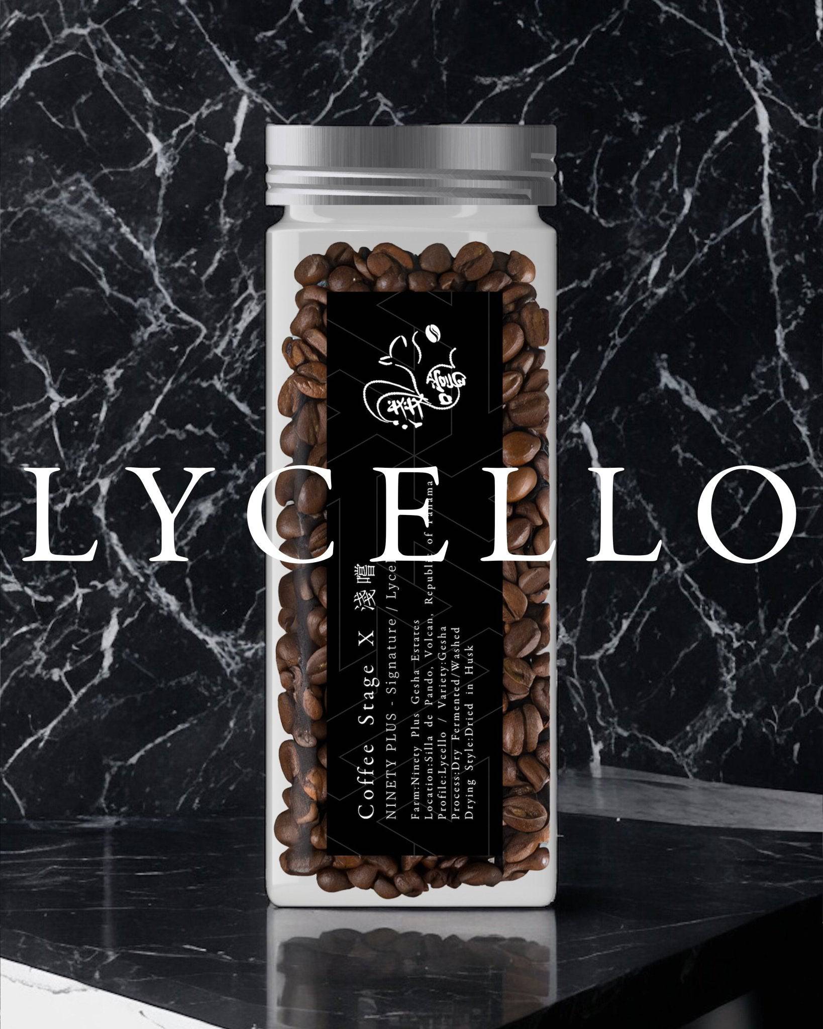 Glass jar filled with Lycello coffee beans from Ninety Plus, featuring a black label with white text and logo, set against a dark marble background with "LYCELLO" text overlay.