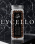 Glass jar filled with Lycello coffee beans from Ninety Plus, featuring a black label with white text and logo, set against a dark marble background with "LYCELLO" text overlay.