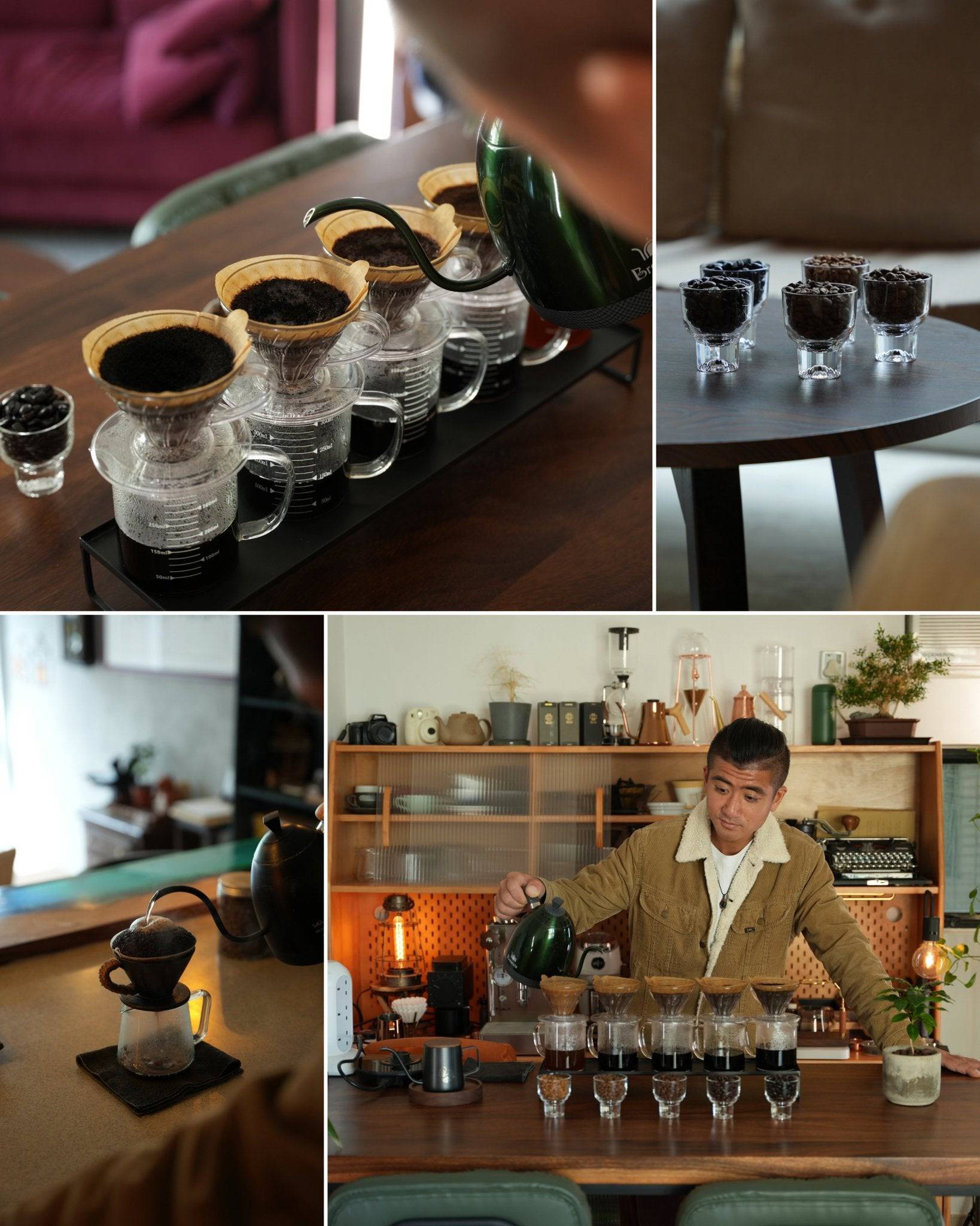 Collage of specialty coffee preparation and tasting. Four images showing pour-over coffee setup, small tasting glasses, pour-over in progress, and barista preparing multiple coffee samples on a wooden counter in a modern cafe setting.