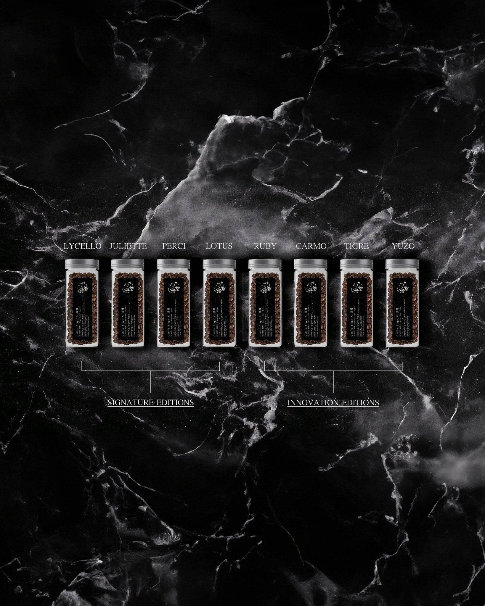 Eight glass coffee bottles with golden labels arranged in a row on a dark marble background, showcasing Ninety Plus Coffee&