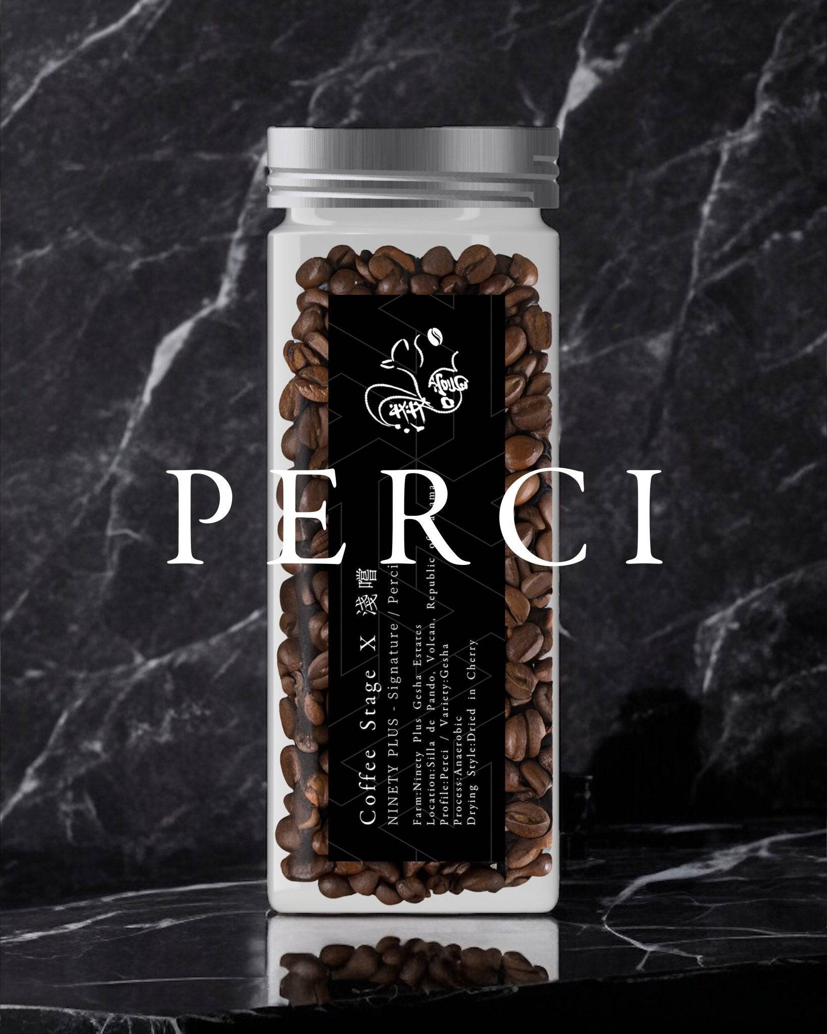Glass jar filled with Ninety Plus Perci coffee beans, featuring a black label with white text and logo, set against a dark marble background. The word "PERCI" is prominently displayed in white text below the jar.