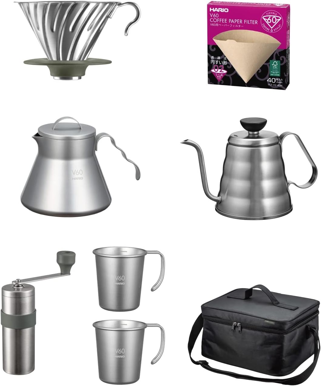 HARIO V60 Outdoor Full 套裝內容排圖，含磨豆機、兩隻金屬杯及手沖器具（O-VOCF・圖 1）