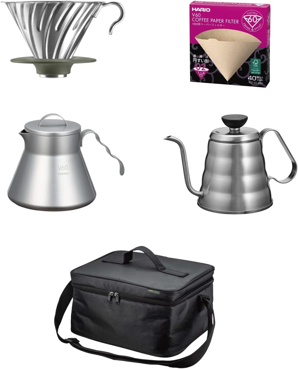 HARIO V60 Outdoor Basic 套裝內容排圖：濾杯、濾紙、細口壺、金屬分享壺與收納袋（O-VOCB・圖 1）