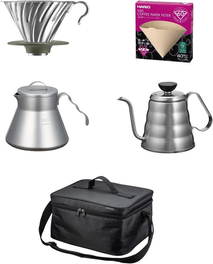 HARIO V60 Outdoor Basic 套裝內容排圖：濾杯、濾紙、細口壺、金屬分享壺與收納袋（O-VOCB・圖 1）