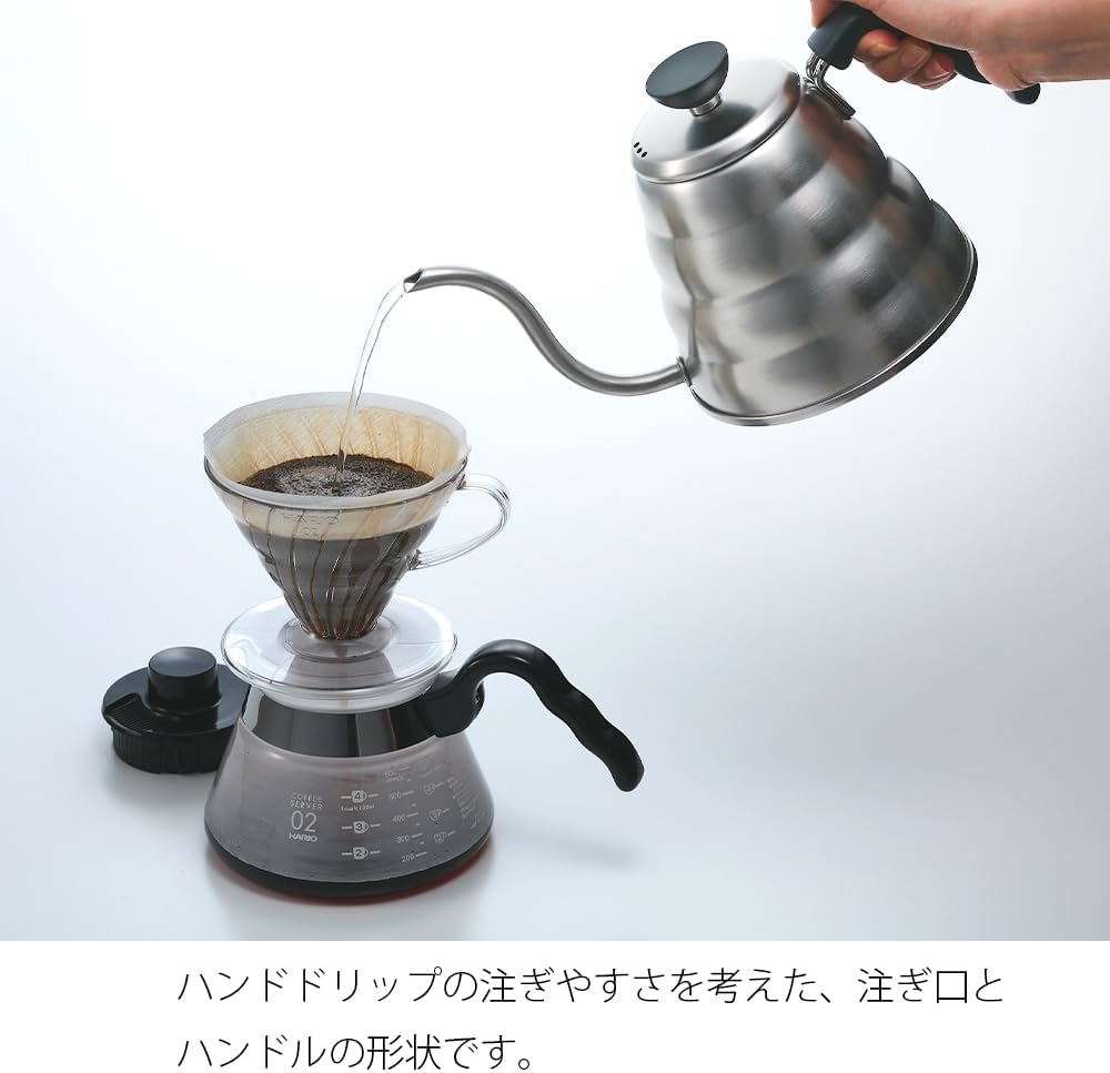 銀色 Buono 細口壺向濾杯注水，附壺嘴及手柄形狀說明（VKBR-120-HSV・圖 4）