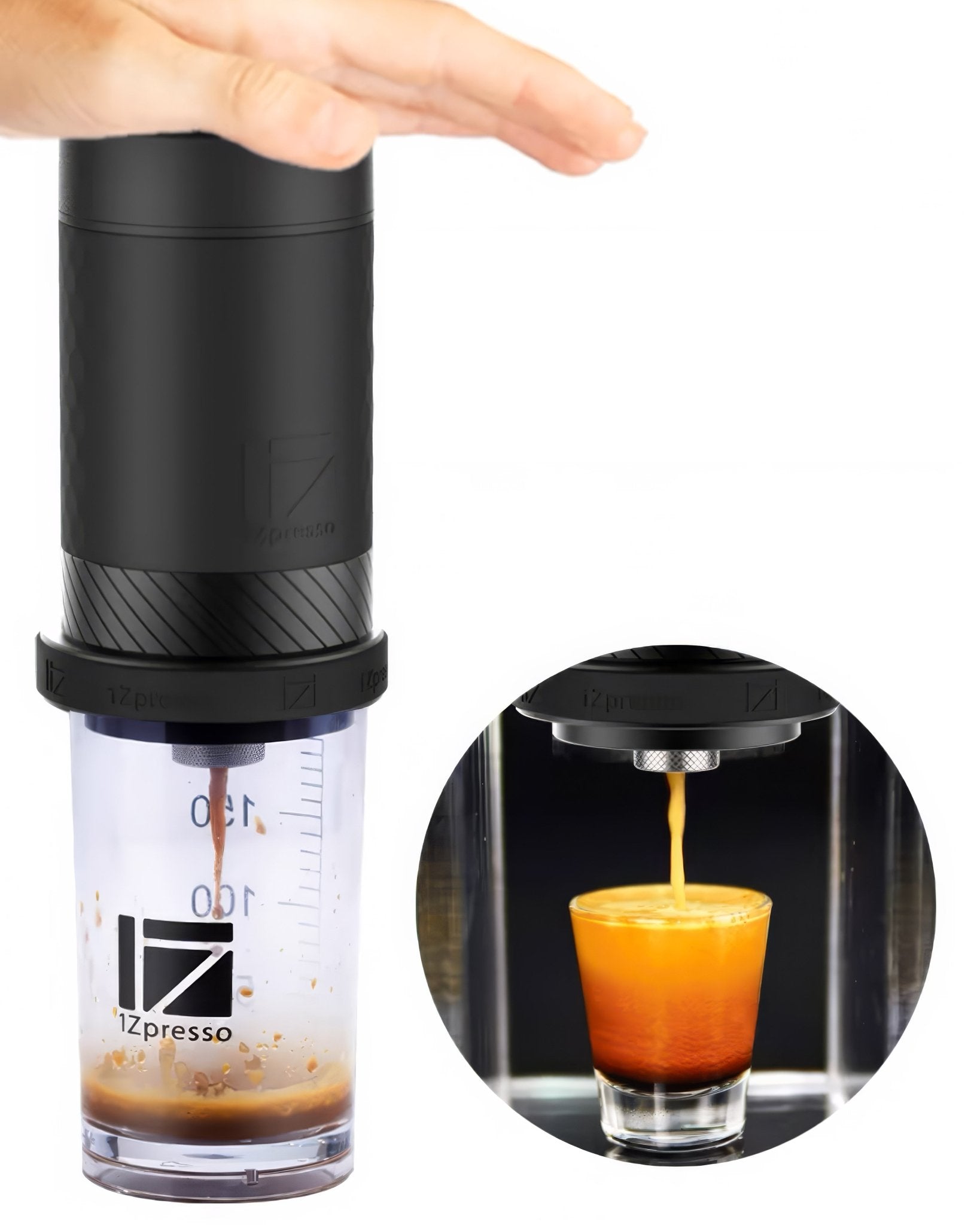 1Zpresso Y3 manual espresso maker with metal body, showcasing its compact design, transparent brewing chamber, and a hand pressing the top. Inset image displays freshly brewed espresso being extracted into a shot glass.