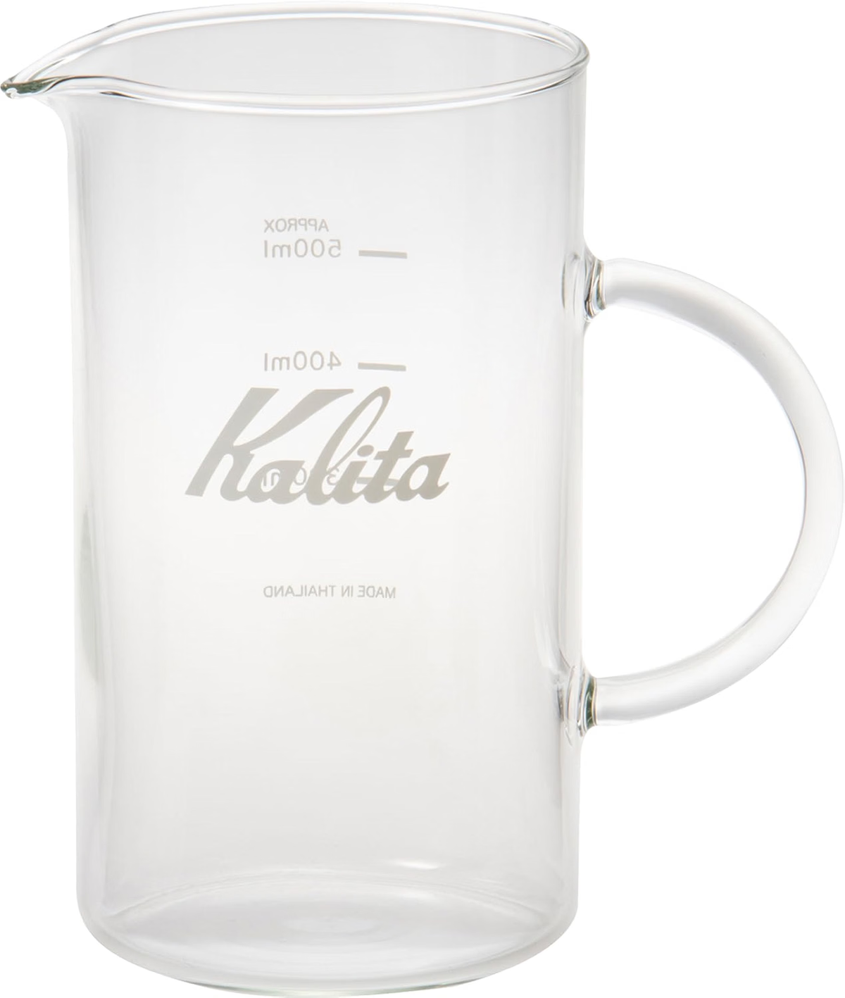 Kalita Jug500 透明高身耐熱玻璃咖啡壺正面，帶玻璃把手、壺嘴與刻度