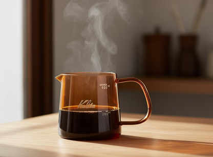 Kalita Jug 400 Amber 琥珀色咖啡壺盛載咖啡，放在窗邊桌面上