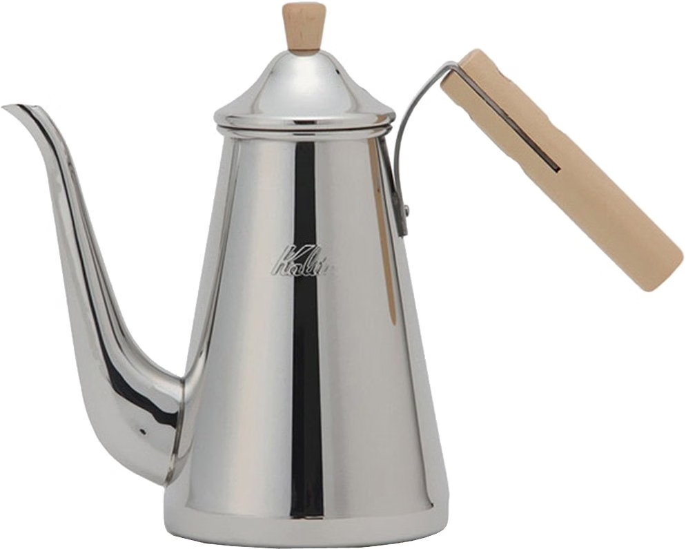 Kalita Drip Pot Slim 700SSW 不锈钢手冲壶正面，配木质外观侧把手