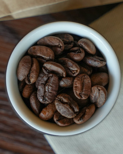 Freshly roasted Yunnan CATIMOR coffee beans in a white ceramic bowl, showcasing rich brown color and distinctive shape, perfect for the Sip Coffee product from Baoshan region.