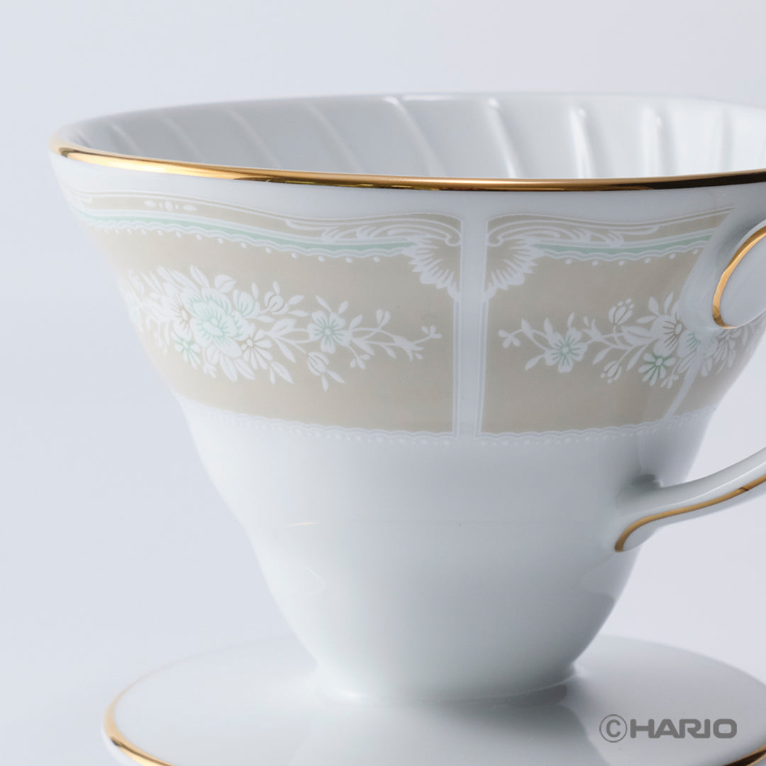 HARIO × Noritake｜蕾絲木金邊米色濾杯花紋及深肋細節