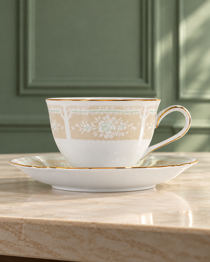 HARIO × Noritake 蕾絲木金邊米色茶咖啡杯碟｜220 mL｜蕾絲木金邊米色｜場景封面