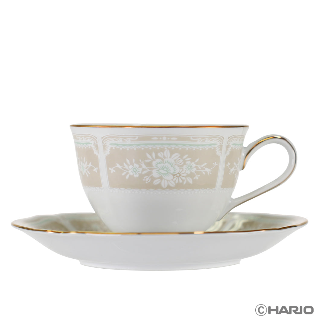 HARIO × Noritake｜蕾絲木金邊米色杯身及配套杯碟正面