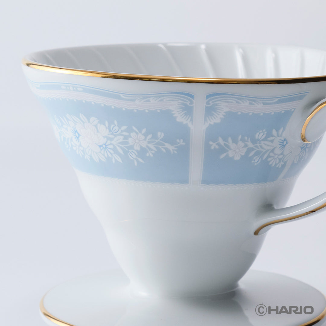 HARIO × Noritake｜蕾絲木金邊藍濾杯花紋及深肋細節