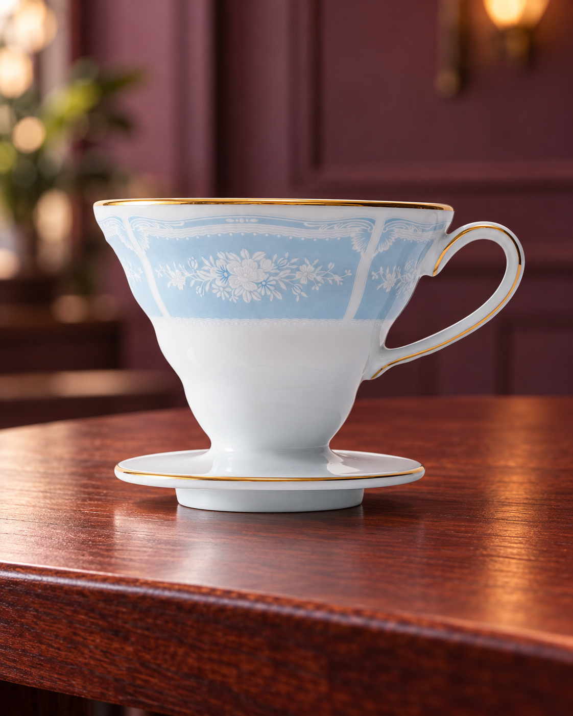 HARIO × Noritake V60 02 精緻瓷器濾杯｜4 款花色｜蕾絲木金邊藍｜場景封面