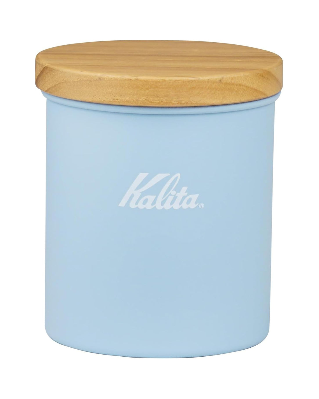 Kalita Earth Series SORA 空色不鏽鋼咖啡豆儲存罐正面，配天然木上蓋