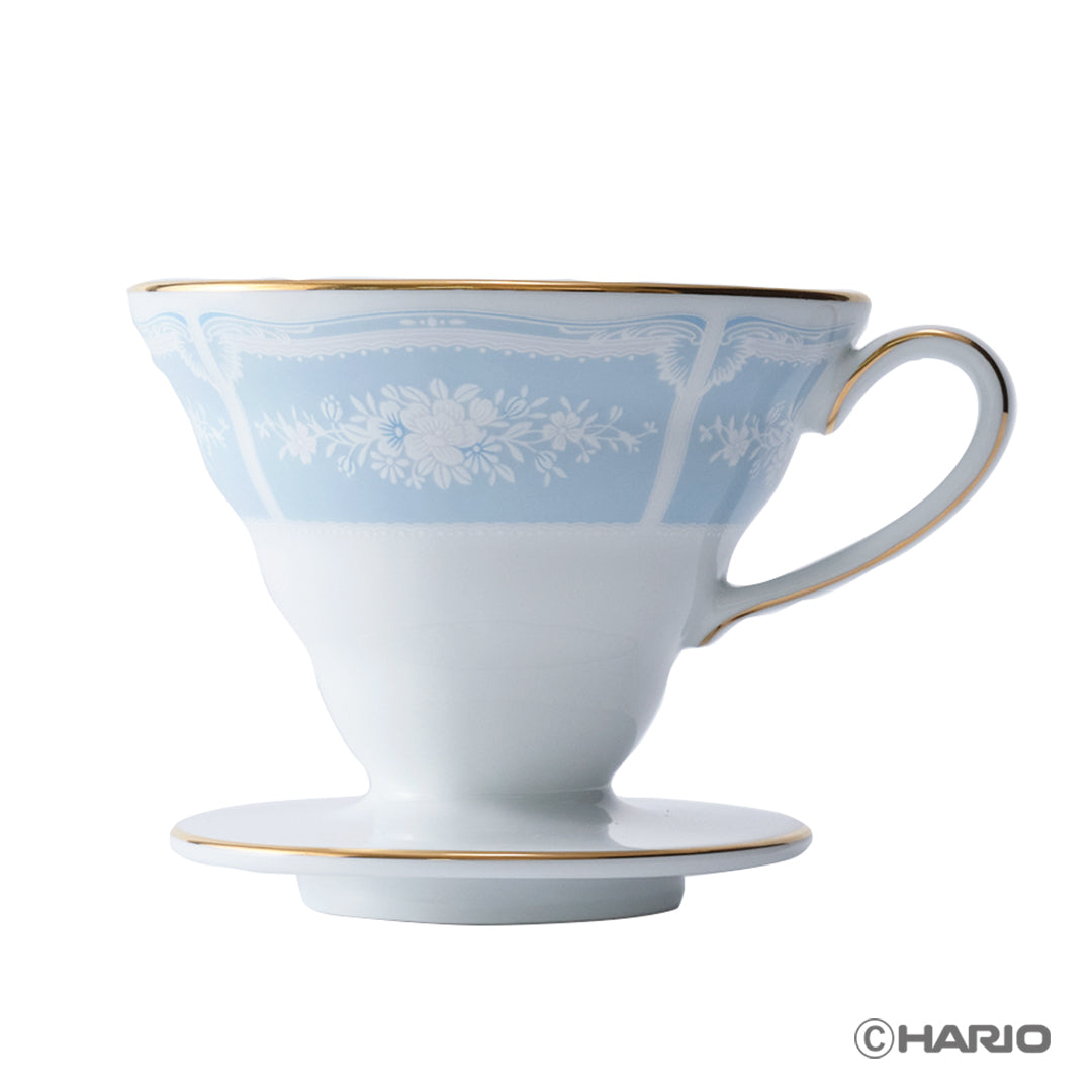 HARIO × Noritake｜蕾絲木金邊藍濾杯正面