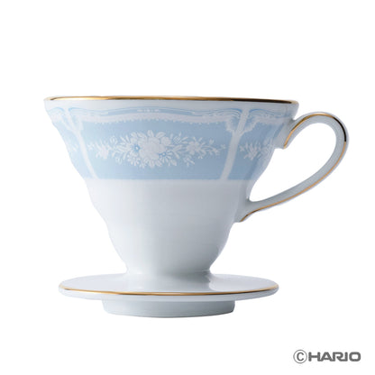HARIO × Noritake｜蕾絲木金邊藍濾杯正面