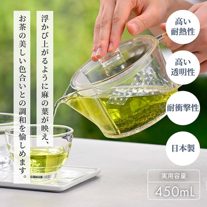 手持麻葉花紋急須倒出綠茶並附容量材質說明