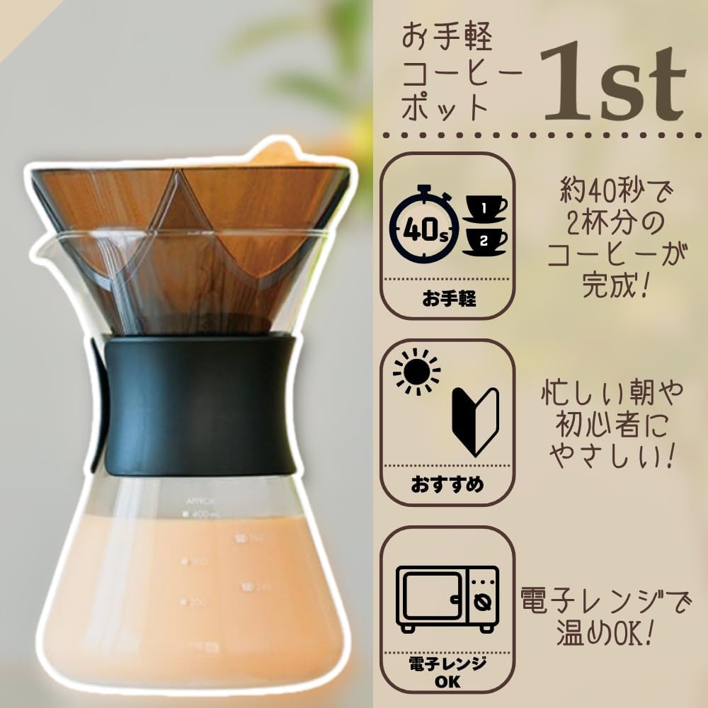 HARIO O-CP-40-B 1st 咖啡壺的日文功能圖，展示約 40 秒沖煮、初學者與微波爐圖示