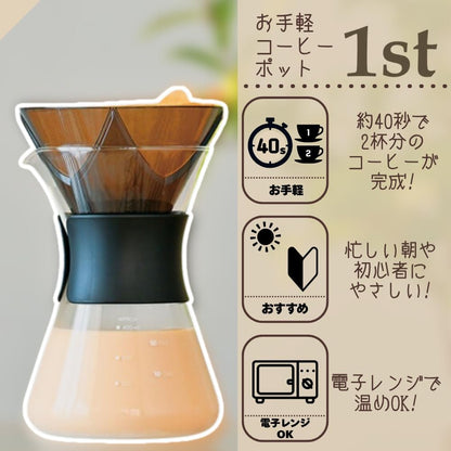 HARIO O-CP-40-B 1st 咖啡壺的日文功能圖，展示約 40 秒沖煮、初學者與微波爐圖示