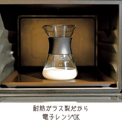 HARIO O-CP-40-B 玻璃壺置於微波爐內的示範，原圖保留耐熱玻璃說明