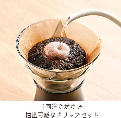 向 HARIO O-CP-40-B 濾杯注水的近照，原圖保留一次注水沖煮日文說明