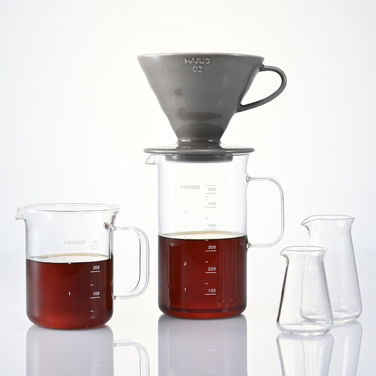 HARIO Crafts Science 系列合照，展示不同容量燒杯壺與V60濾杯