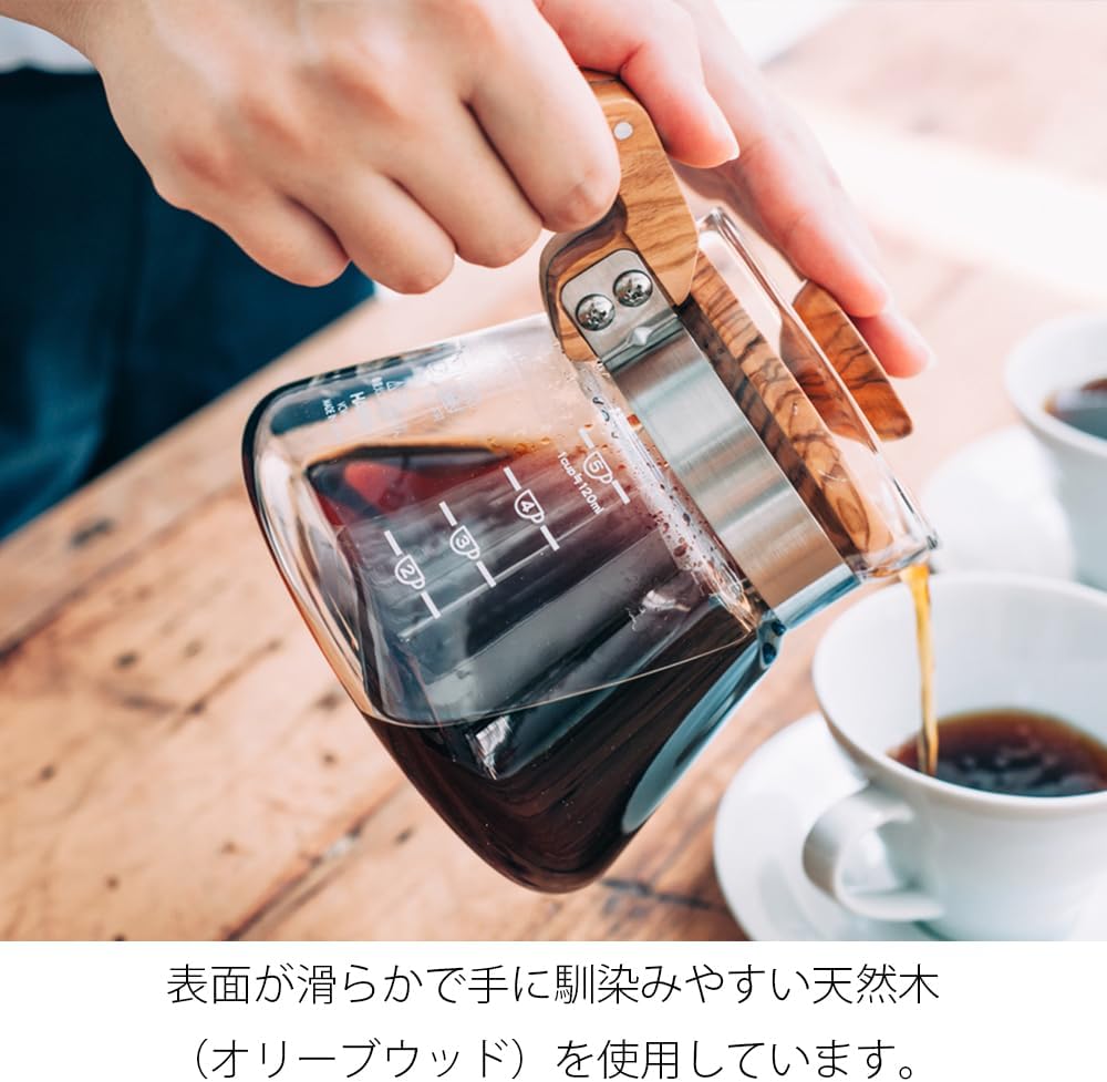握住 HARIO 橄欖木 01 分享壺木柄倒咖啡的示範，原圖保留木材手感日文說明