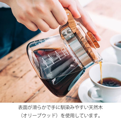 握住 HARIO 橄欖木 01 分享壺木柄倒咖啡的示範，原圖保留木材手感日文說明