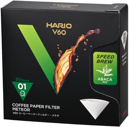 HARIO V60 METEOR 01 濾紙完整包裝盒，盒面標示 50 張及 1–2 杯用