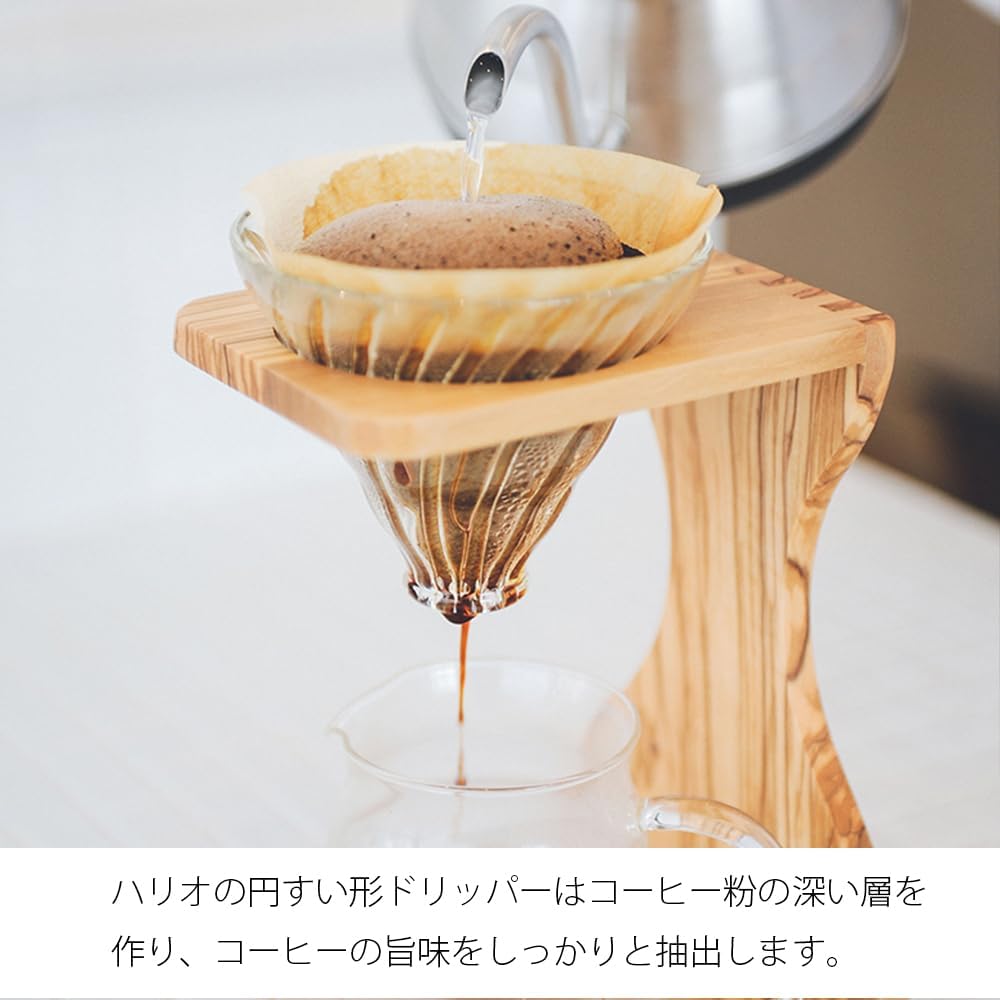 HARIO VSS-1206-OV 玻璃濾杯與木架注水近照，原圖保留圓錐形濾杯的日文說明