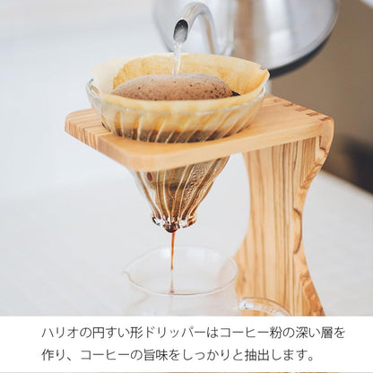 HARIO VSS-1206-OV 玻璃濾杯與木架注水近照，原圖保留圓錐形濾杯的日文說明