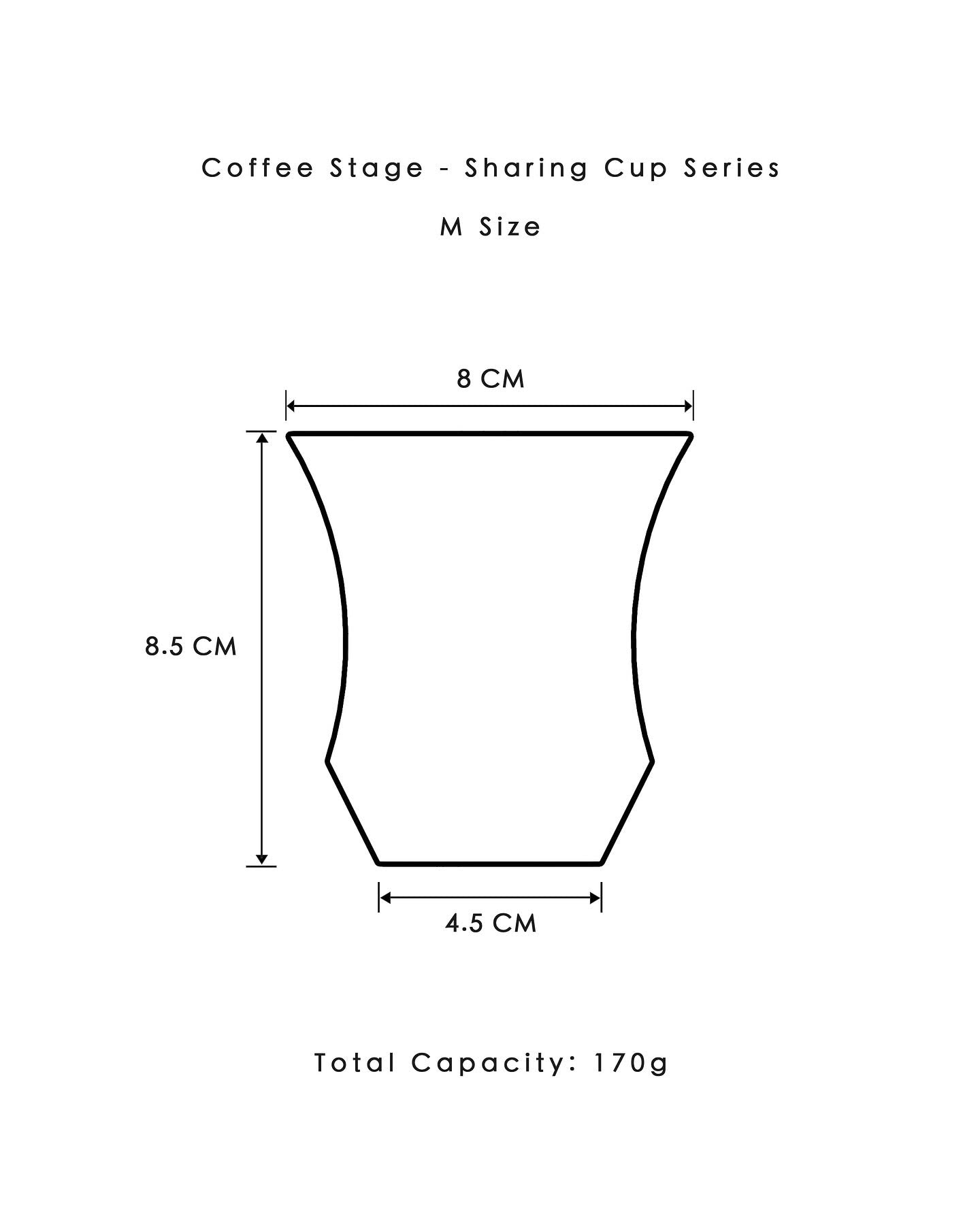 Coffee Stage Sharing Cup M Size 尺寸圖：杯口外徑約8cm、高約8.5cm、底徑約4.5cm、容量參考約170ml