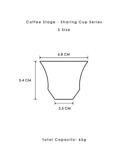Coffee Stage Sharing Cup S Size 尺寸圖：杯口外徑約6.8cm、高約5.4cm、底徑約2.5cm、容量參考約65ml