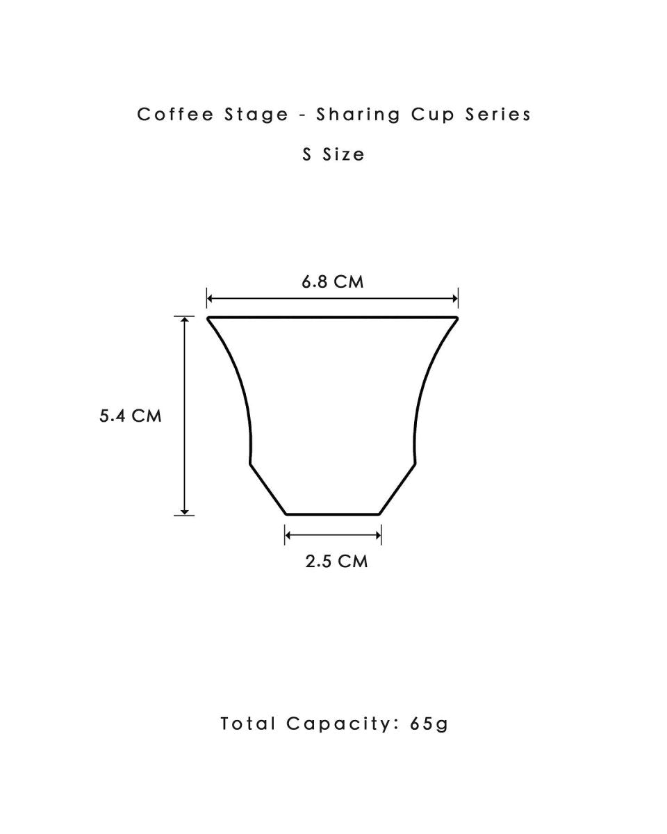 Coffee Stage Sharing Cup S Size 尺寸圖：杯口外徑約6.8cm、高約5.4cm、底徑約2.5cm、容量參考約65ml