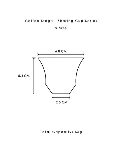 Coffee Stage Sharing Cup S Size 尺寸圖：杯口外徑約6.8cm、高約5.4cm、底徑約2.5cm、容量參考約65ml