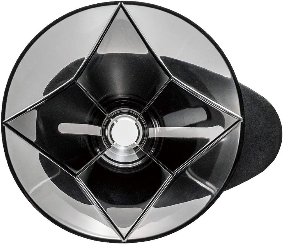 HARIO V60 MUGEN 02 transparent black AS resin dripper, 1–2 cups: Top view of the MUGEN dripper, showing the central opening and its segmented flow-guiding grooves.