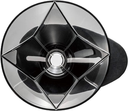 HARIO V60 MUGEN 02 transparent black AS resin dripper, 1–2 cups: Top view of the MUGEN dripper, showing the central opening and its segmented flow-guiding grooves.