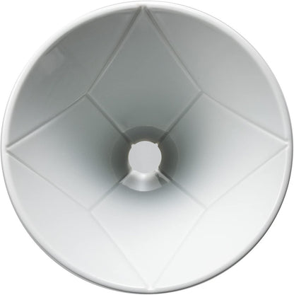 HARIO V60 MUGEN 02 white ceramic dripper, 1–2 cups: Top view of the MUGEN dripper, showing the central opening and its segmented flow-guiding grooves.